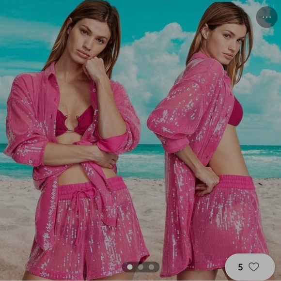 Victoria Secret Sequin Cover Up Swim Outfit Small Top Short Pink Fuchsia Set - Picture 5 of 6